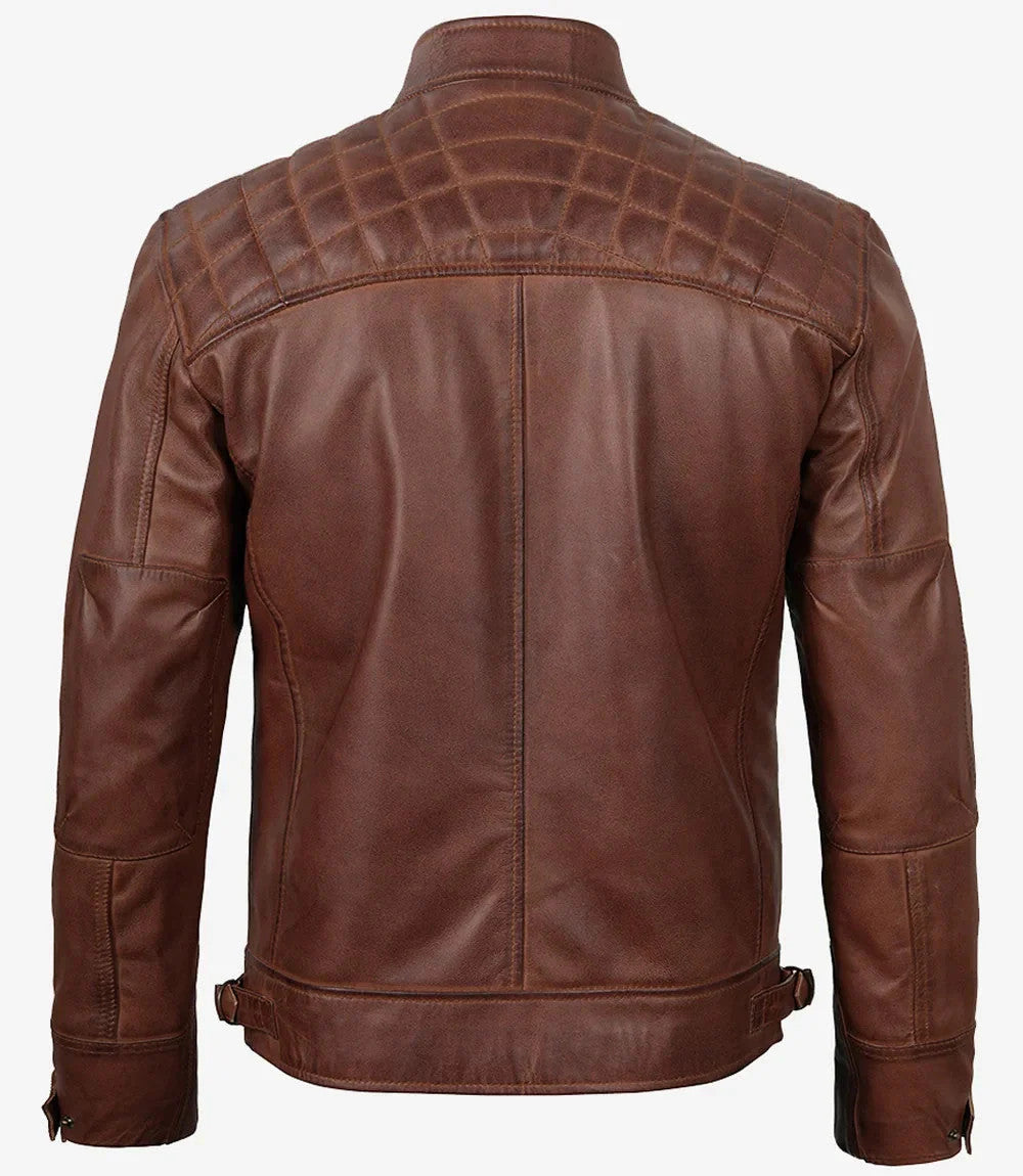 Cognac Leather Motorcycle Jacket for Men, Quilted Racer Edition