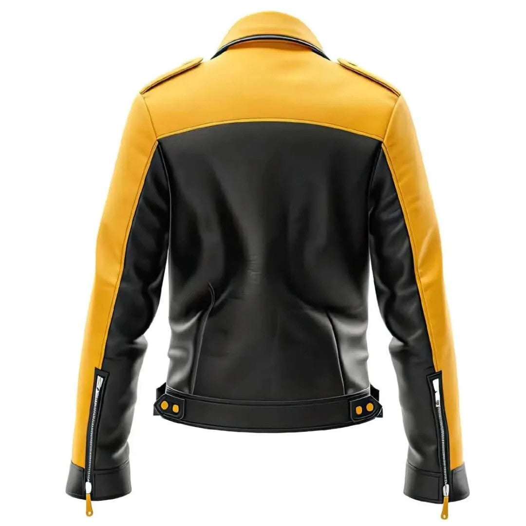 Men’s Yellow and Black Notch Lapel Biker Leather Jacket