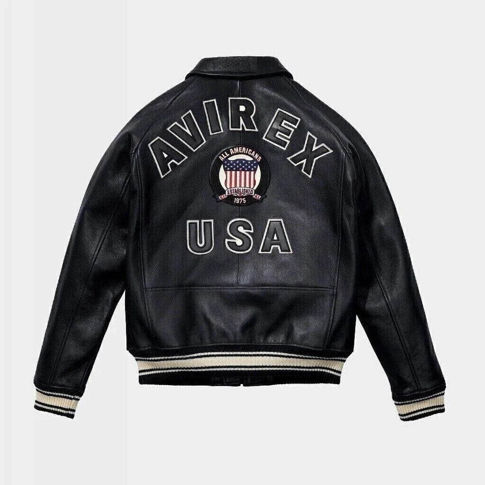 Mens Black Avirex Leather Bomber Jacket American Flight Leather Jacket
