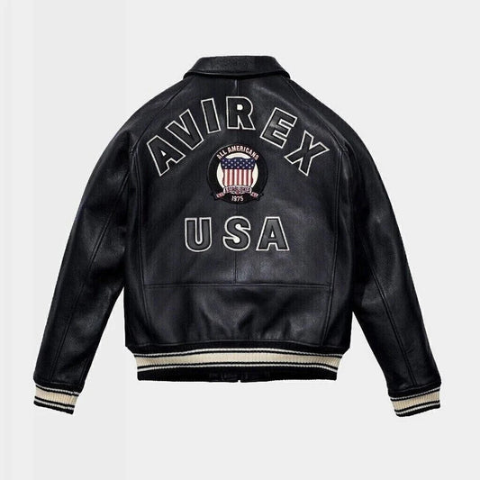 Mens Black Avirex Leather Bomber Jacket American Flight Leather Jacket