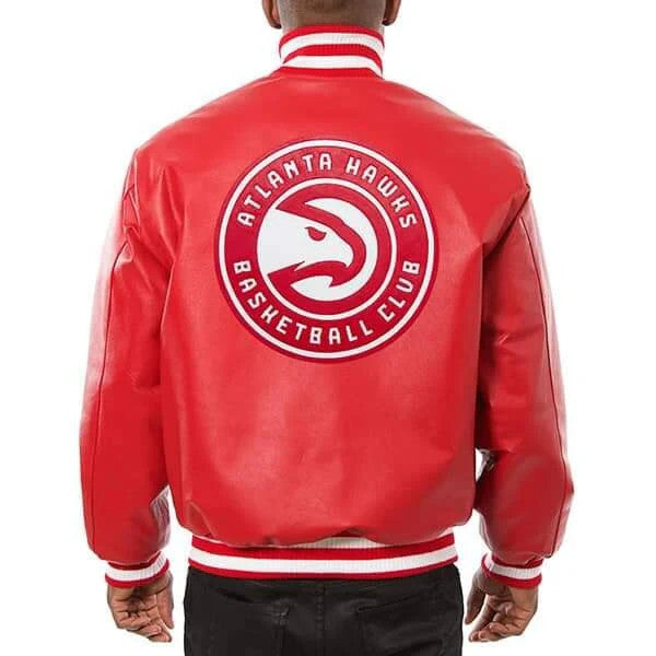 Atlanta Hawks Red Leather Varsity Jacket, Sticker Patch