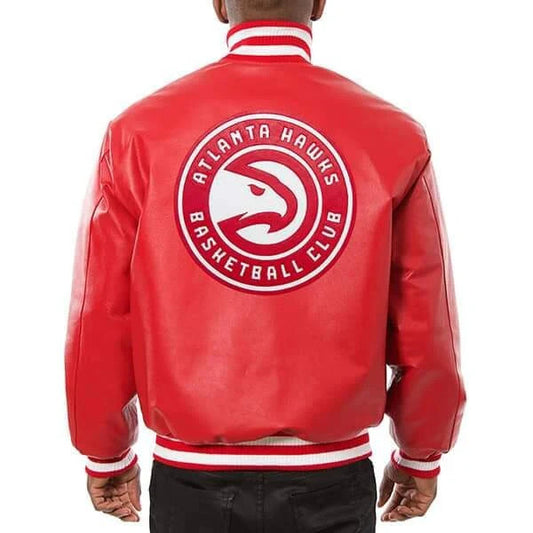 Atlanta Hawks Red Leather Varsity Jacket, Sticker Patch