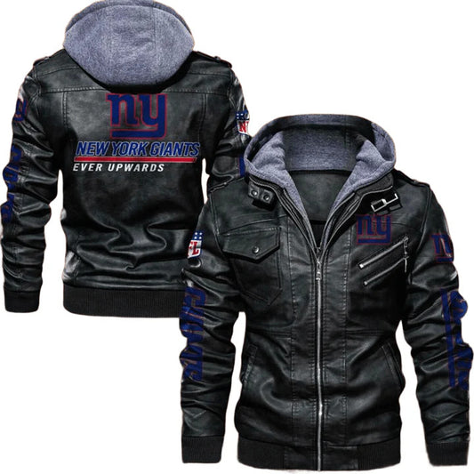New York Giants NFL Leather Hooded Bomber Jacket, Stylish Sticker Patch Design