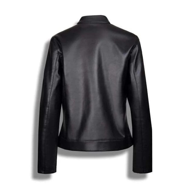 Womens Black Leather Biker Jacket, White Stripes and Zip Pockets