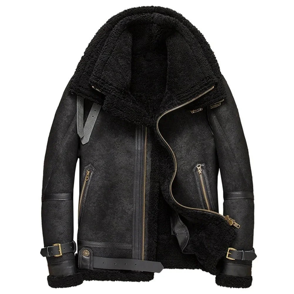 Frost Sentinel Mens B3 Jacket Black Shearling Leather, Winter Fur Coat