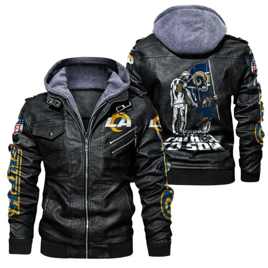 NFL Los Angeles Rams Bomber Hooded Leather Jacket with Sticker Patchwork