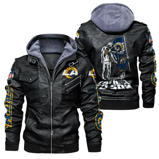 NFL Los Angeles Rams Bomber Hooded Leather Jacket with Sticker Patchwork