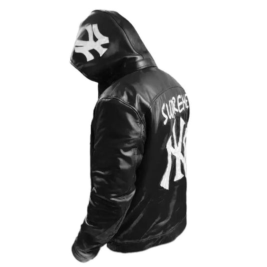 NY Yankees Legacy Hooded Varsity Black Leather Bomber for Men