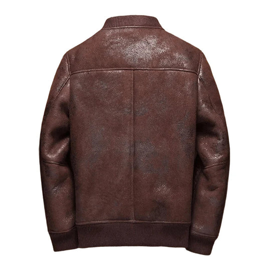 Brown Classic Shearling Fur Coat Baseball Sheepskin Leather Jacket