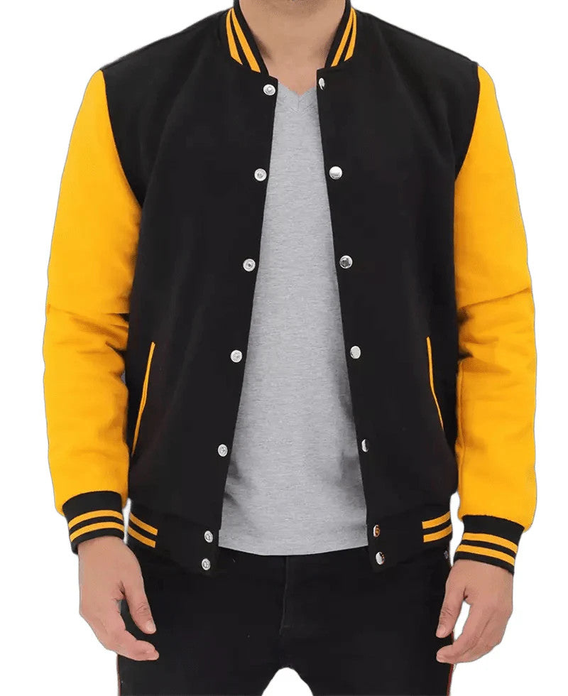 Mens Black and Yellow Letterman Jacket, Classic Baseball Bomber Style