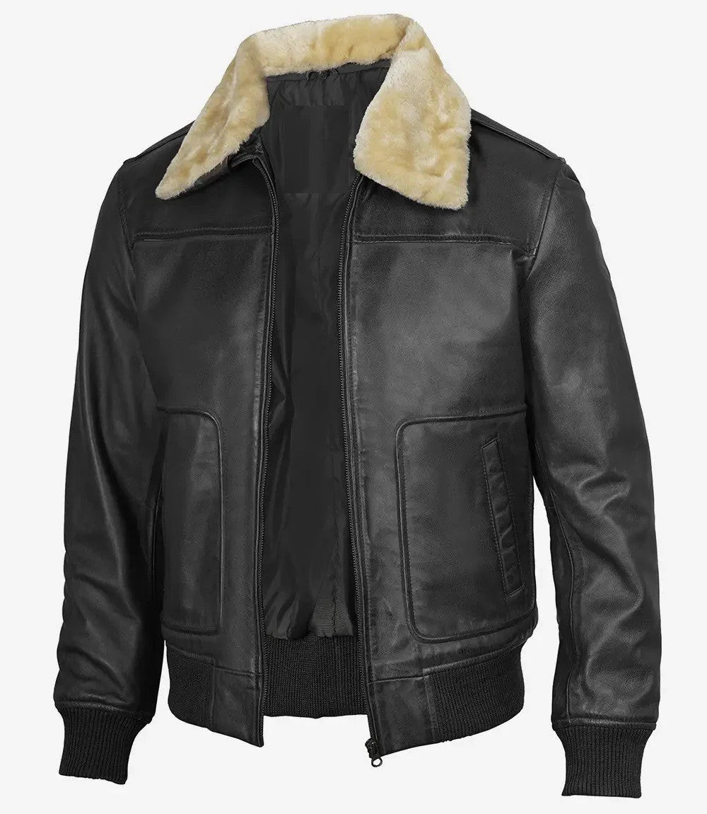 Mens Classic Black Leather Bomber Fur Collar and Tactical Streetwear Look
