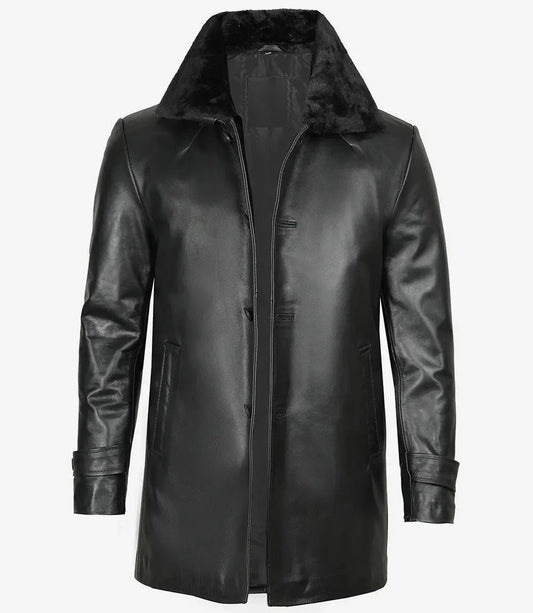 Mens Black 3/4 Length Leather Coat, Classic Vintage Look with Fur Collar