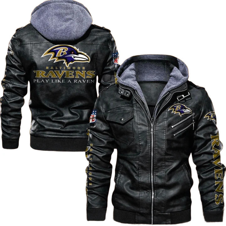 Baltimore Ravens Leather Bomber Jacket, Hooded Style with Patch Variants