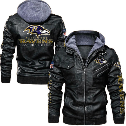 Baltimore Ravens Leather Bomber Jacket, Hooded Style with Patch Variants