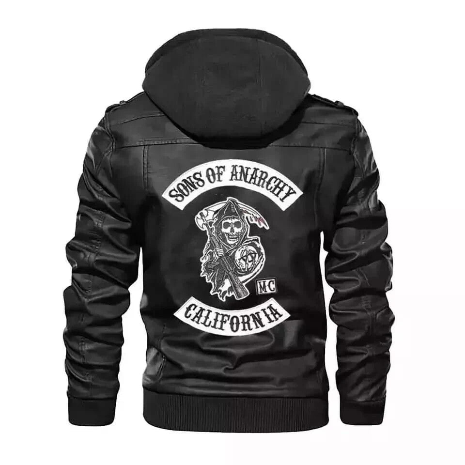 Sons of Anarchy Motorcycle Biker Bomber Hooded Leather Jacket, Sticker Patch