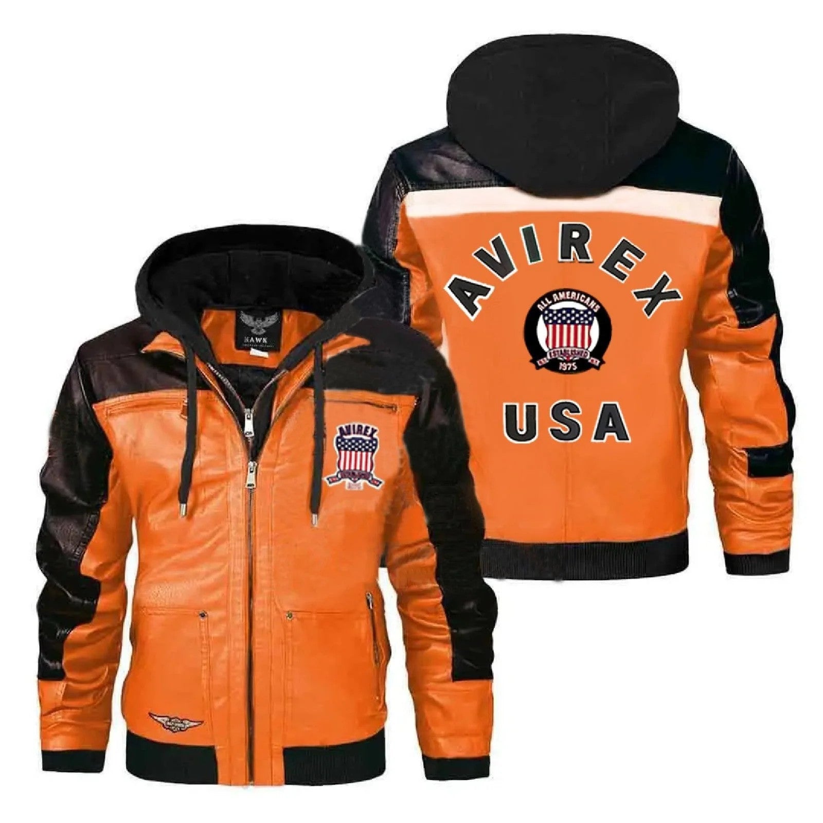 AVIREX Mens Hooded Biker Leather Bomber Jacket Streetwear Swagger