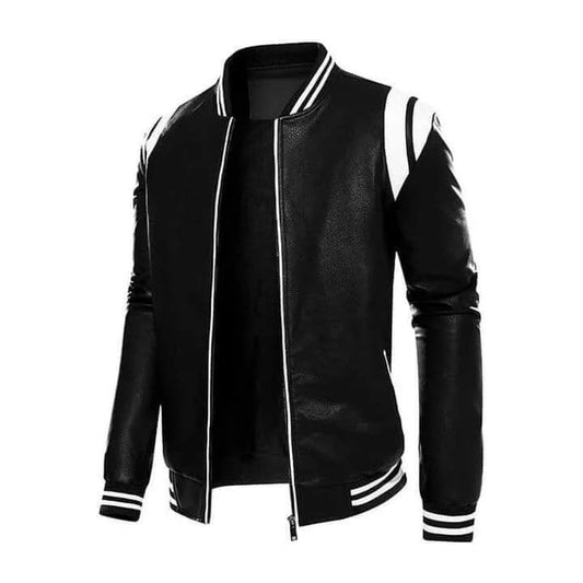 Mens Black Leather Jacket with White Stripes Stylish Biker Fashion Outerwear