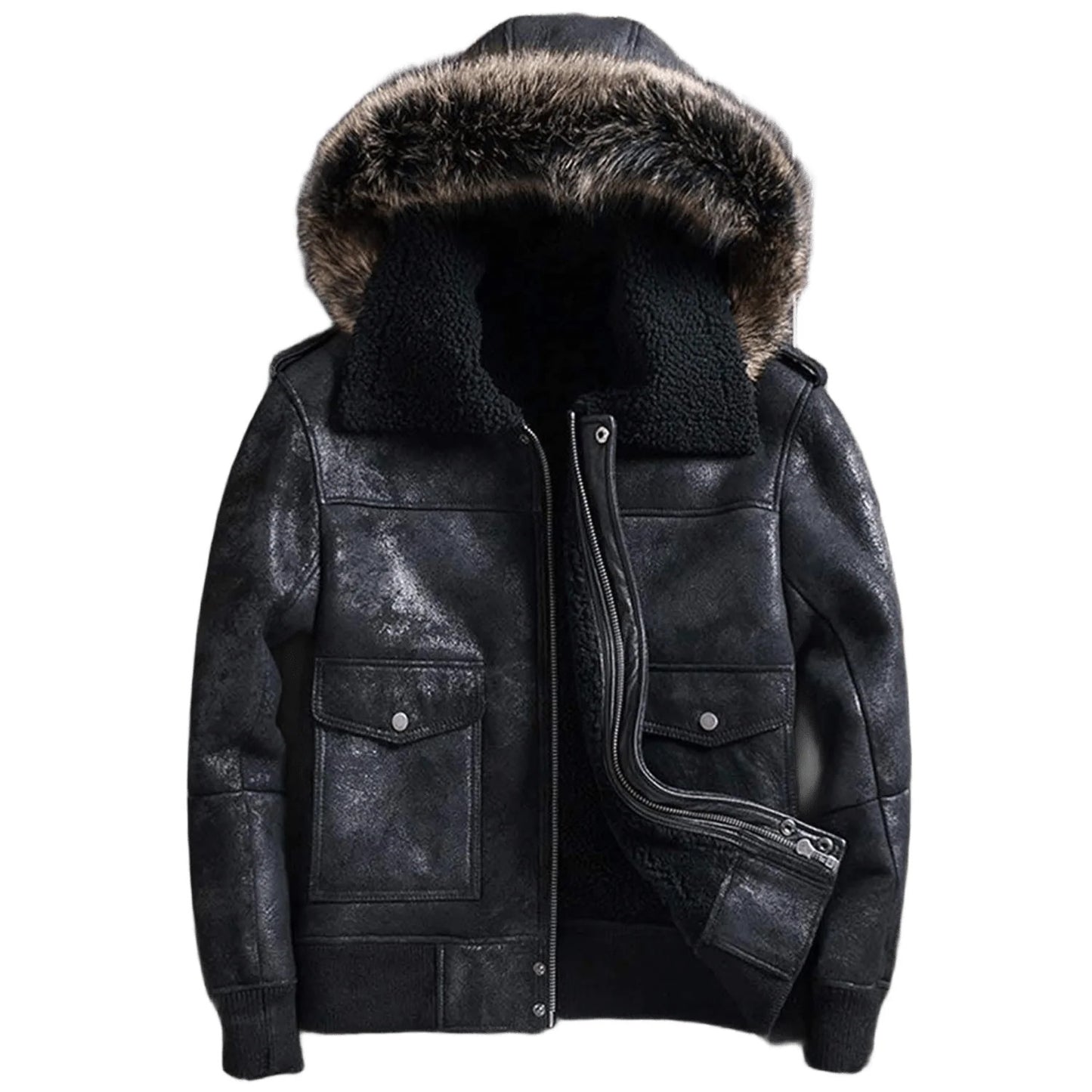 Shadow Squadron B3 Sheepskin Bomber Mens Hooded Fur Leather Jacket