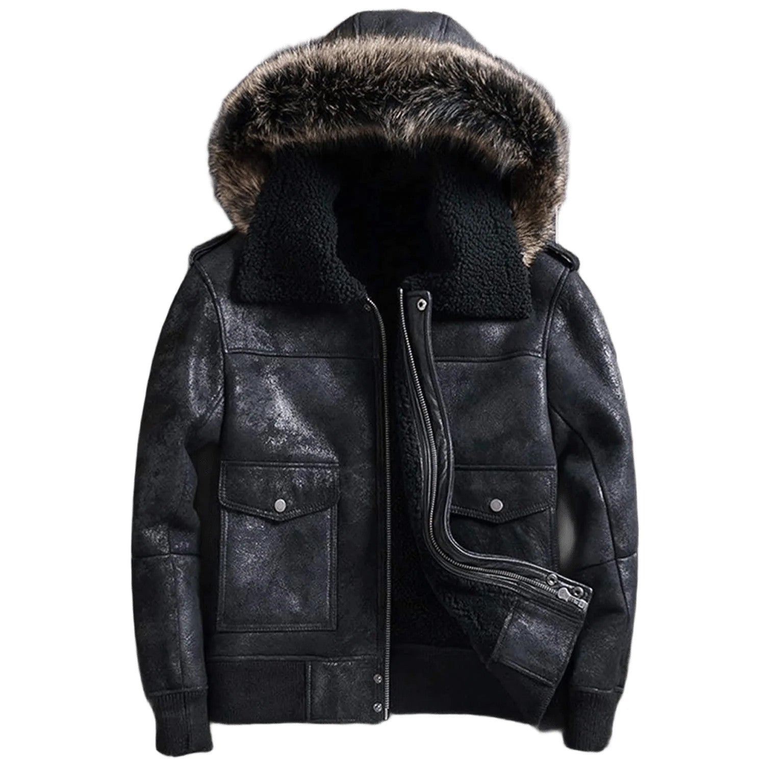 Shadow Squadron B3 Sheepskin Bomber Mens Hooded Fur Leather Jacket