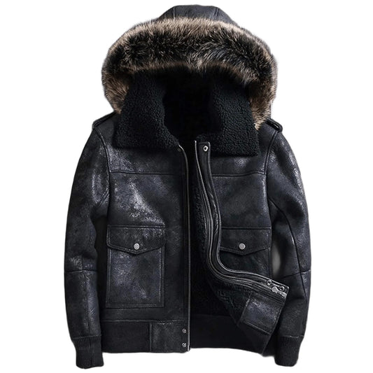 Shadow Squadron B3 Sheepskin Bomber Mens Hooded Fur Leather Jacket