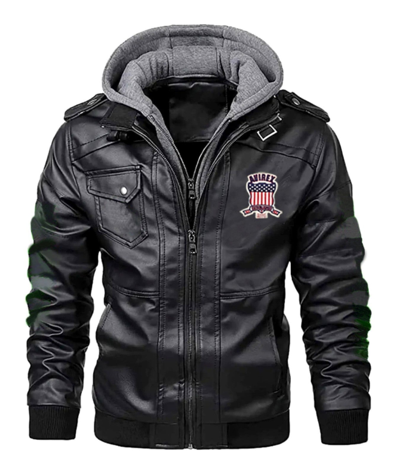 Avirex Shadowrider Hooded Leather Moto Bomber Jacket, Zip-Up Streetwear Legend