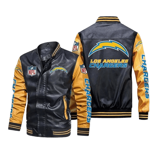 Los Angeles Chargers NFL Leather Jacket, Bomber Varsity Style, Sticker Patches