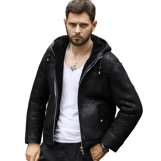 Mens B3 Hooded Shearling Jacket Crack Leather Bomber, Black Fur Winter Coat