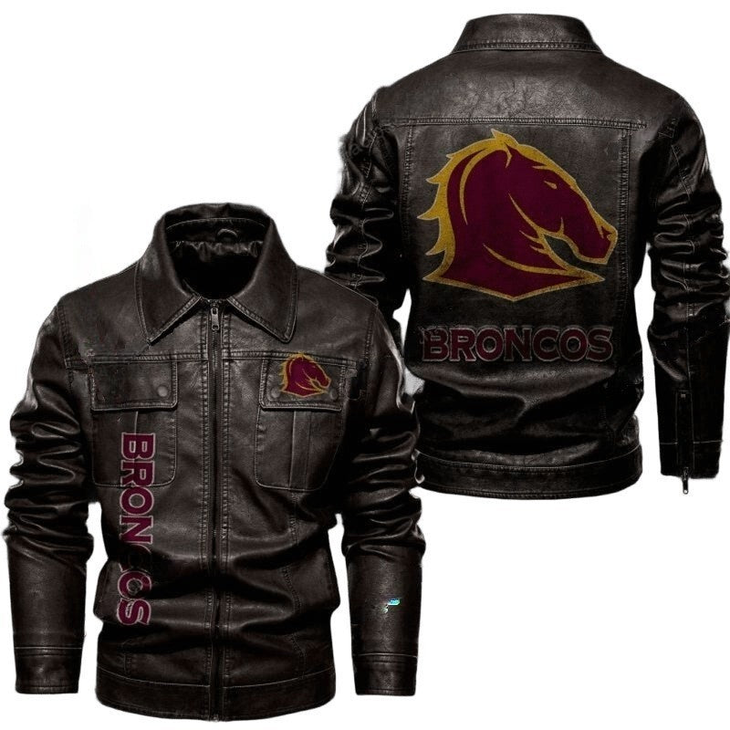 Broncos Leather Jacket Flap Pocket Design with Iconic Team Sticker Patches