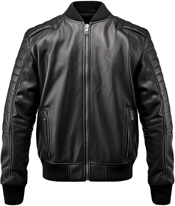 Mens Black Genuine Leather Jacket with Padded Sleeves