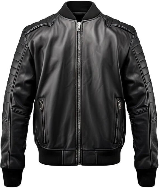 Mens Black Genuine Leather Jacket with Padded Sleeves