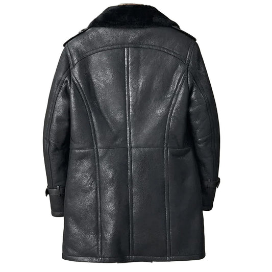 Mens Black Iron Winter Leather Coat with Fur Collar and Tactical Buckles