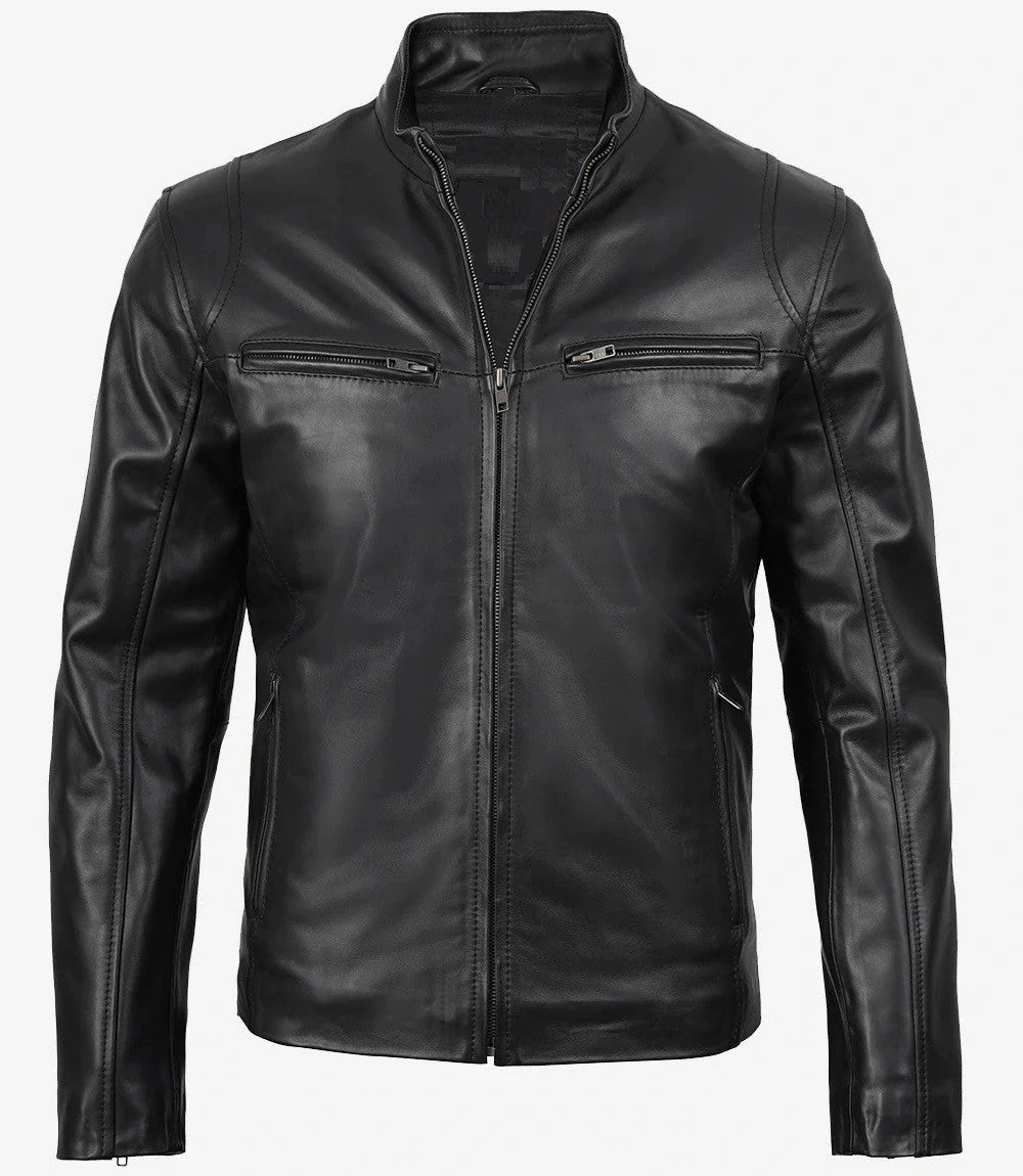 Classic Black Biker Leather Jacket for Men, Café Racer Edge