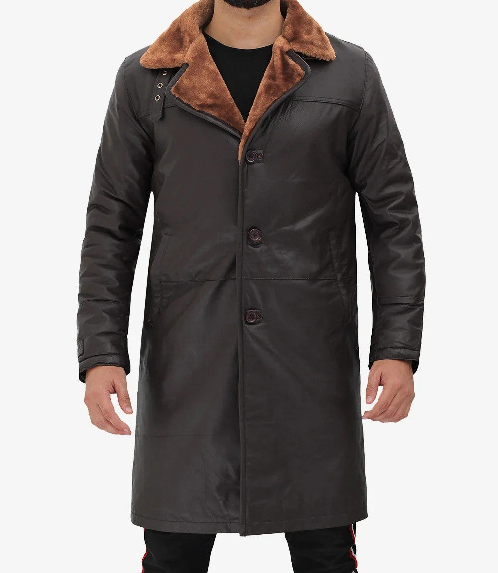 Mens Dark BrownLeather Fur Trimmed Coat, Warm Shearling Lined Overcoat