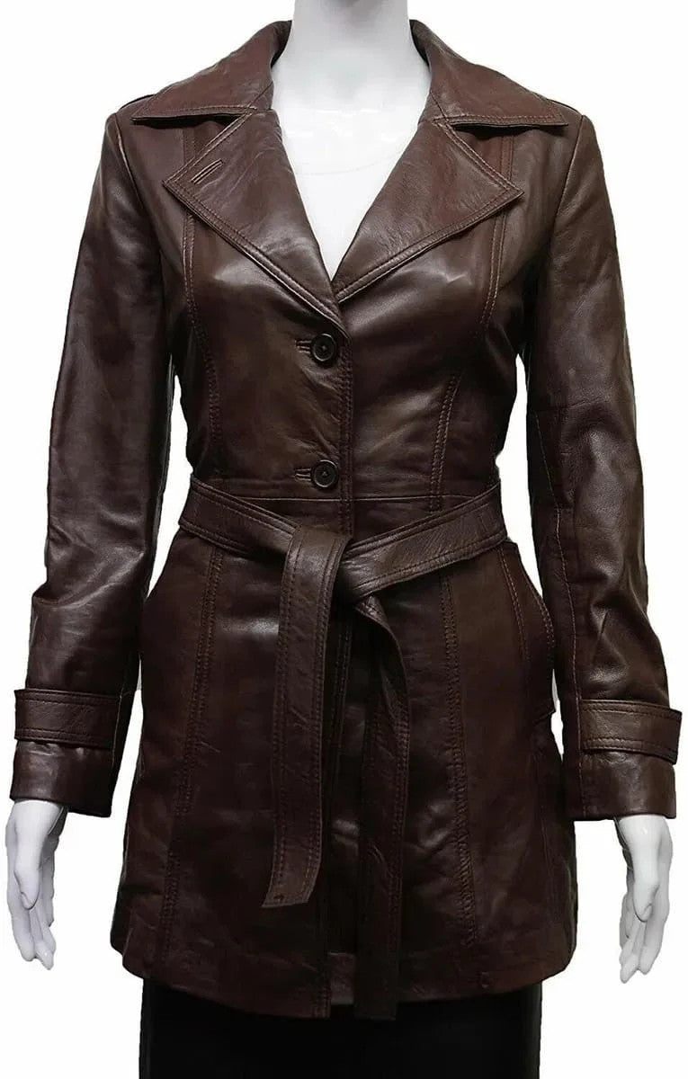 Womens Fashion Trench Coat 3/4 Length with Tie Belt and Oldbury Flair