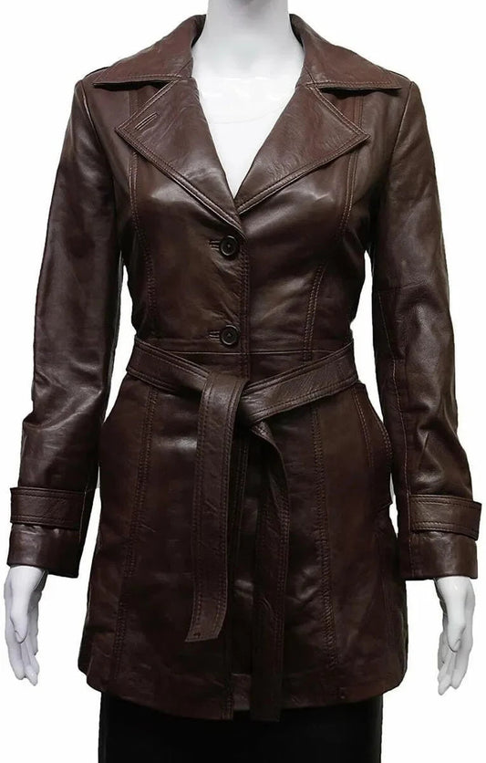 Womens Fashion Trench Coat 3/4 Length with Tie Belt and Oldbury Flair