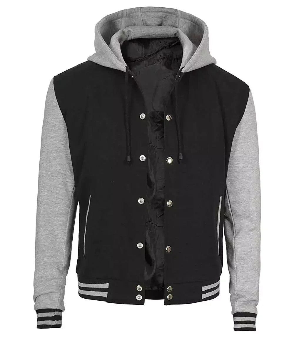 Mens Hooded Varsity Jacket, Black and Grey Baseball-Inspired College Look