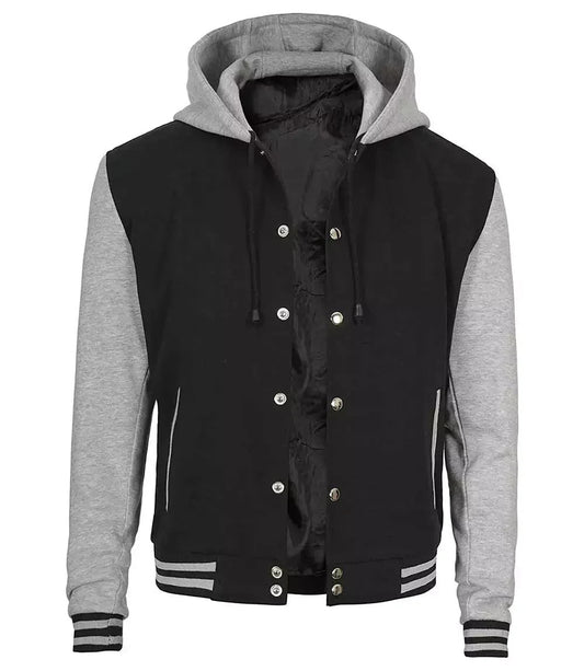 Mens Hooded Varsity Jacket, Black and Grey Baseball-Inspired College Look