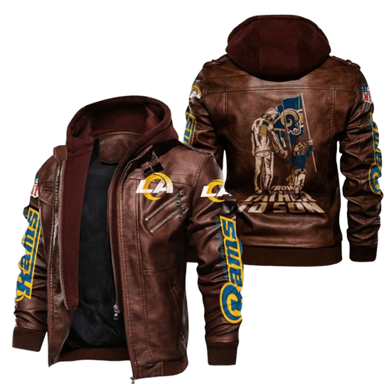 NFL Los Angeles Rams Bomber Hooded Leather Jacket with Sticker Patchwork
