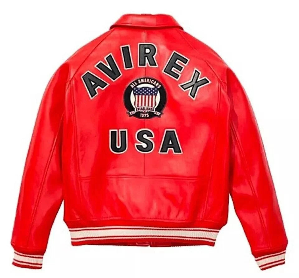 Mens Red Avirex Real Leather Bomber Jacket American Flight Leather Jacket