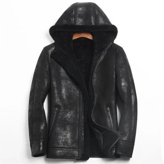 StormPeak Explorer Mens Hooded Shearling Leather Jacket Cold-Weather Icon