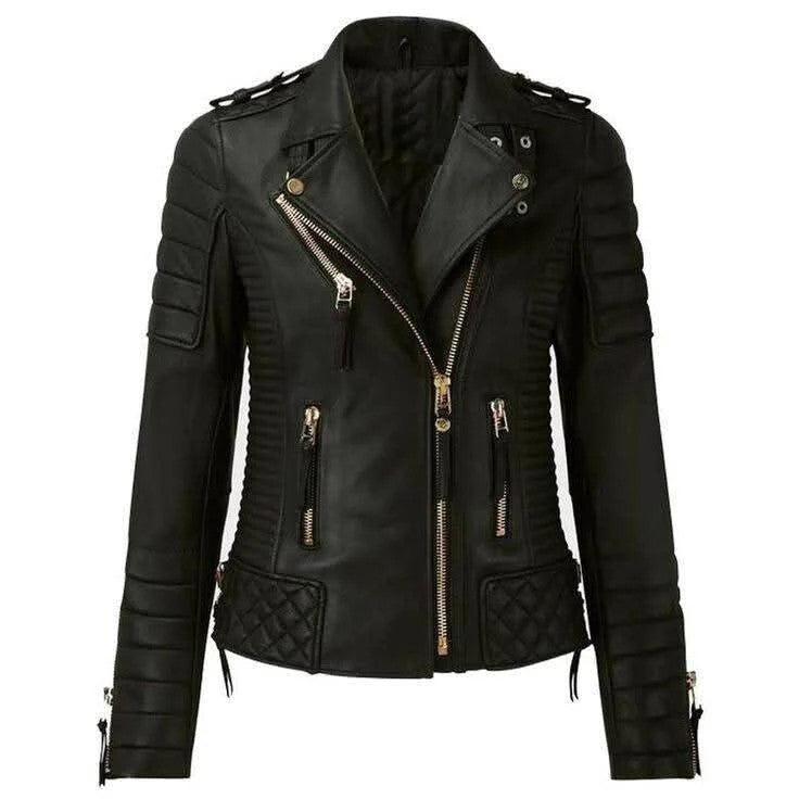 Womens Classic Motorcycle Leather Jacket, Golden Zipper, Fashionable and Trendy