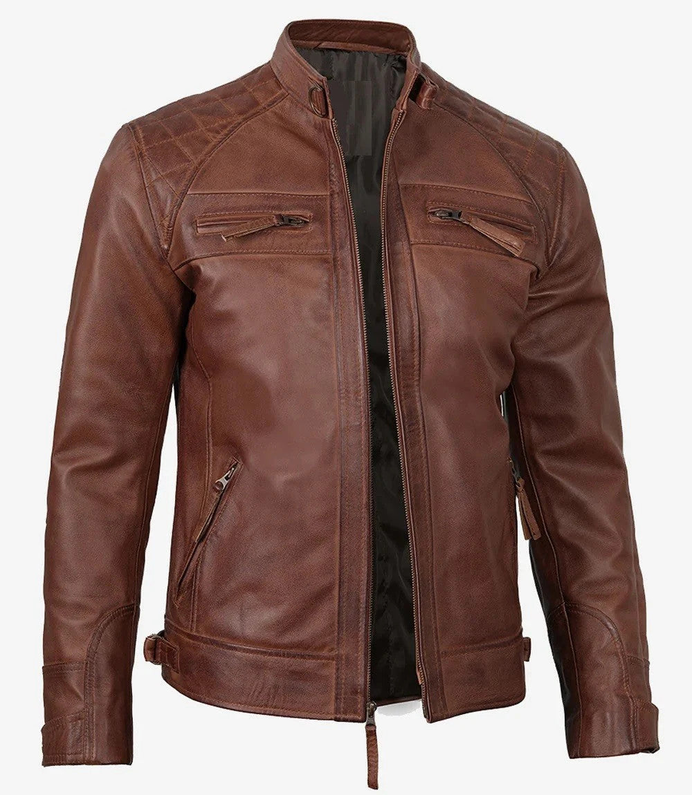 Cognac Leather Motorcycle Jacket for Men, Quilted Racer Edition