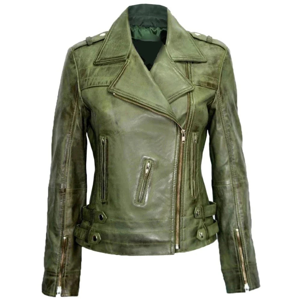 Verdant Vibe Womens Leather Jacket, Asymmetrical Zip, Distressed Green Hue