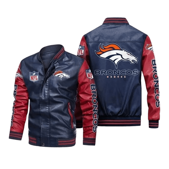 Denver Broncos NFL Leather Bomber Jacket, Mens Fan Gear with Sticker Patch
