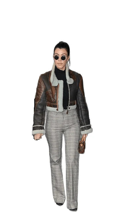 Kourtney Kardashian Style Womens B3 Cropped Shearling Leather Jacket