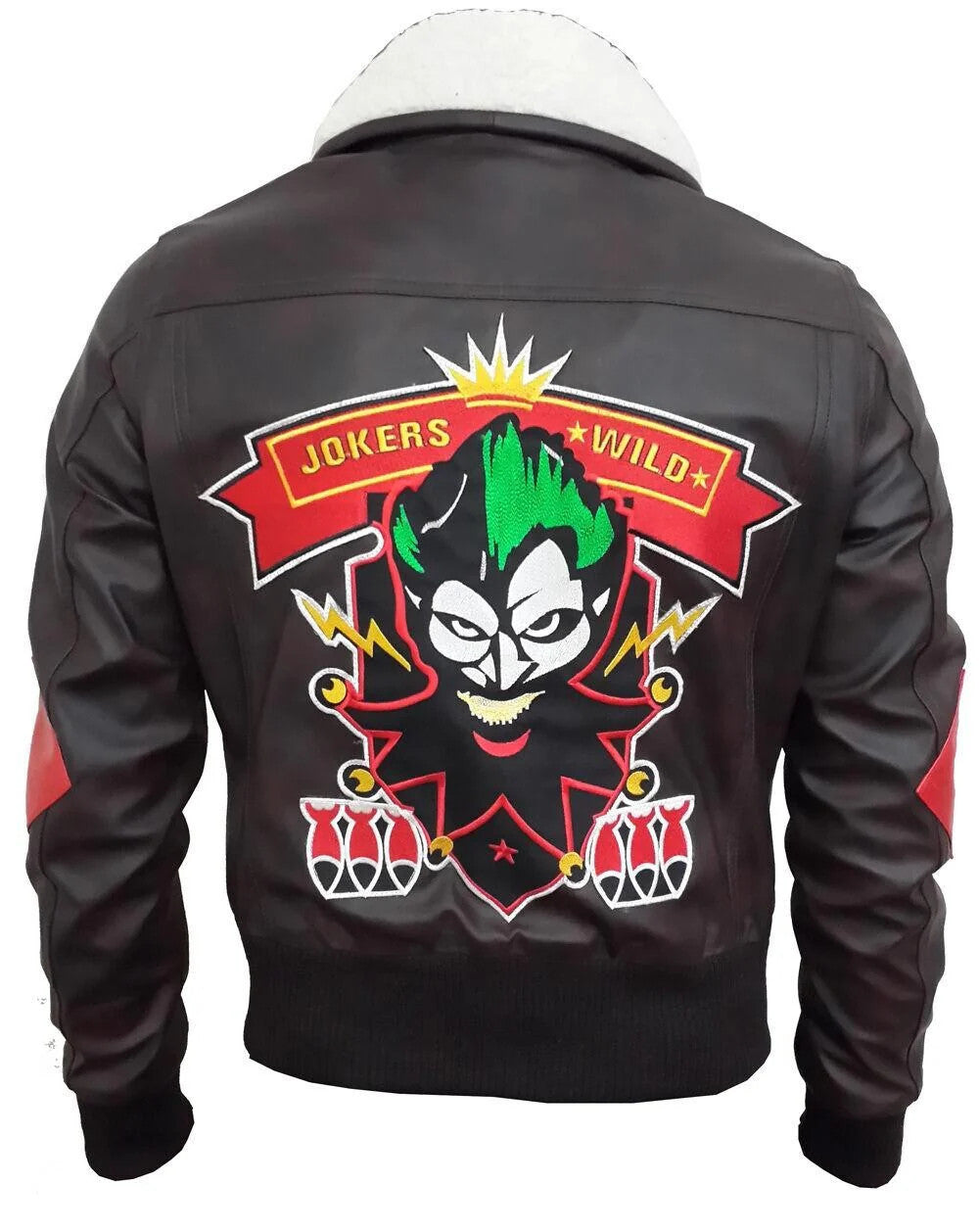 Joker Wild Leather Bomber Jacket, Suicide Squad Style with Fur Collar