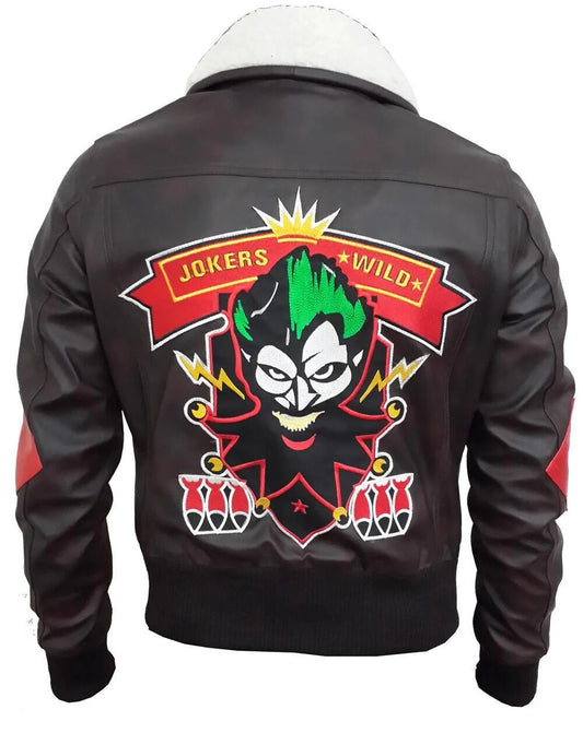 Joker Wild Leather Bomber Jacket, Suicide Squad Style with Fur Collar
