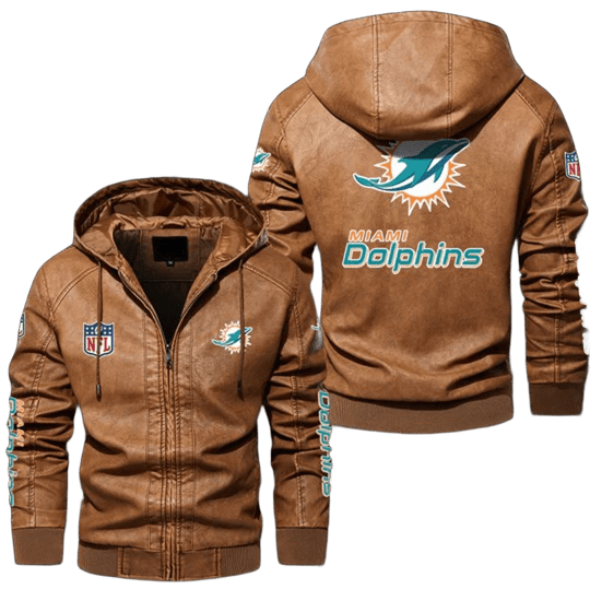 Miami Dolphins NFL Hooded Leather Bomber Jacket with Iconic Team Patches