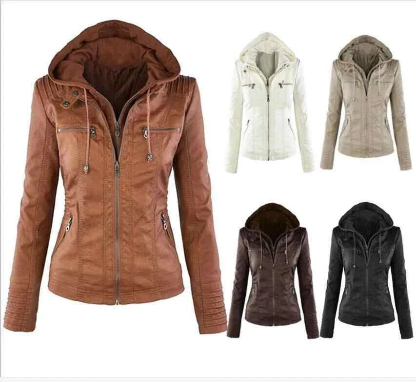 Women Leather Jacket Genuine Biker Moto Removable Hooded Leather Jacket