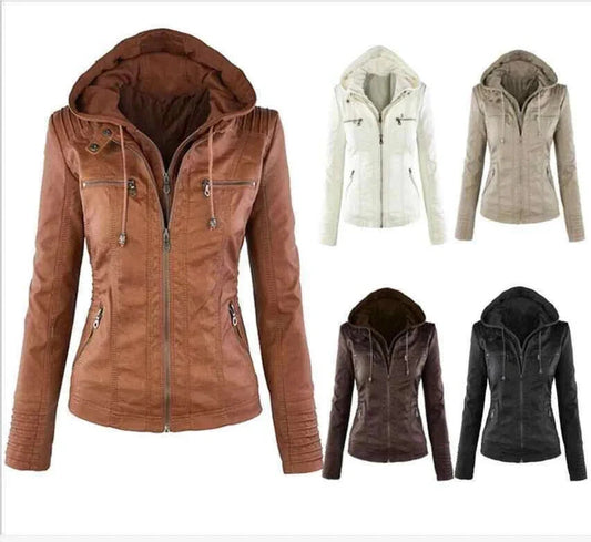 Women Leather Jacket Genuine Biker Moto Removable Hooded Leather Jacket